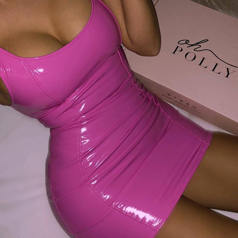 Robe Bretelle Simili Cuir Couleur Unie – Coupe Moulante Sexy Clubwear