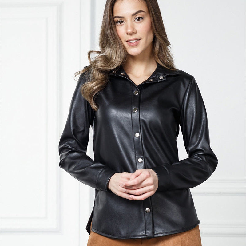 Chemise Simili Cuir Noir Oversize – Style Européen-Américain Femme