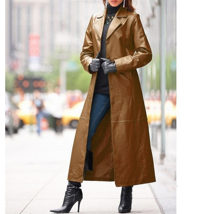 Manteau Long Simili Cuir Femme – Coupe Commuting Grande Taille