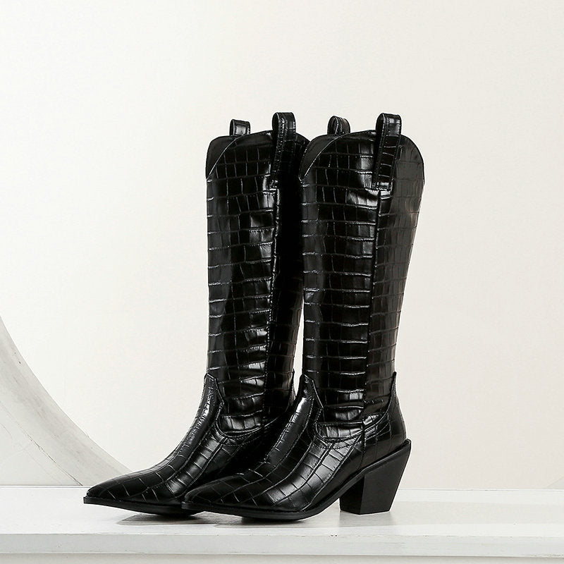 Bottes Cavalières Talon Bloc Hauteur Genou — Bout Pointu Plateforme
