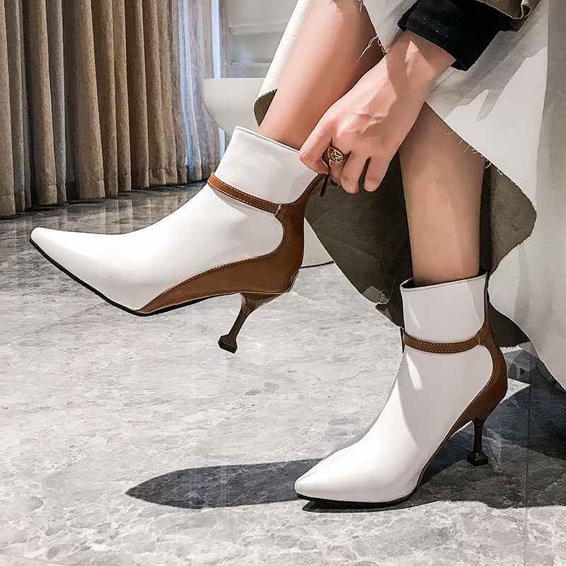 Bottines PU Stiletto — Coutures Contrastantes & Talon Verre de Vin