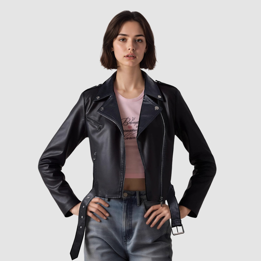 Veste Moto PU Cuir Courte — Ceinture & Col Revers Structuré
