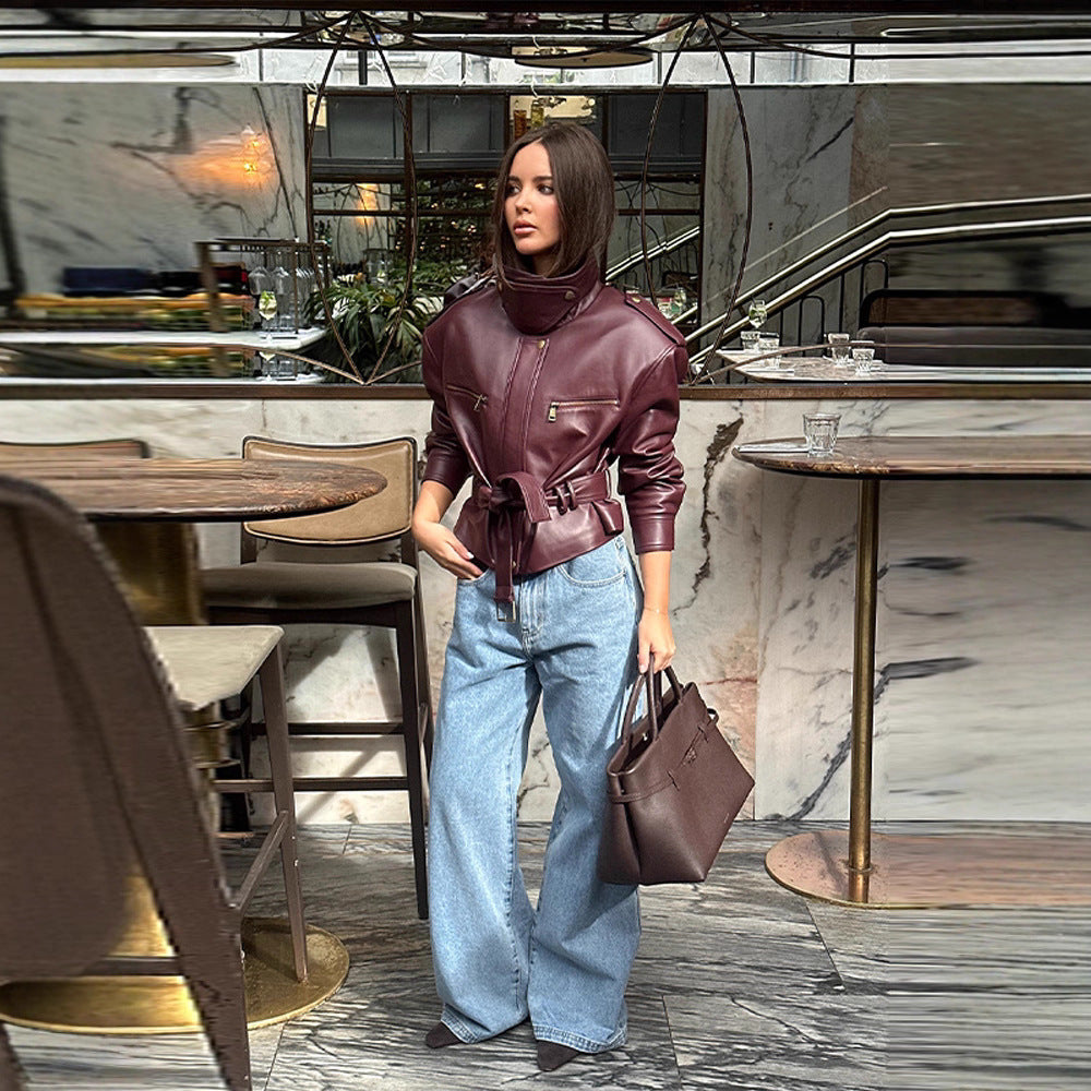 Veste Courte PU Cuir Bordeaux — Lacets & Slim Fit