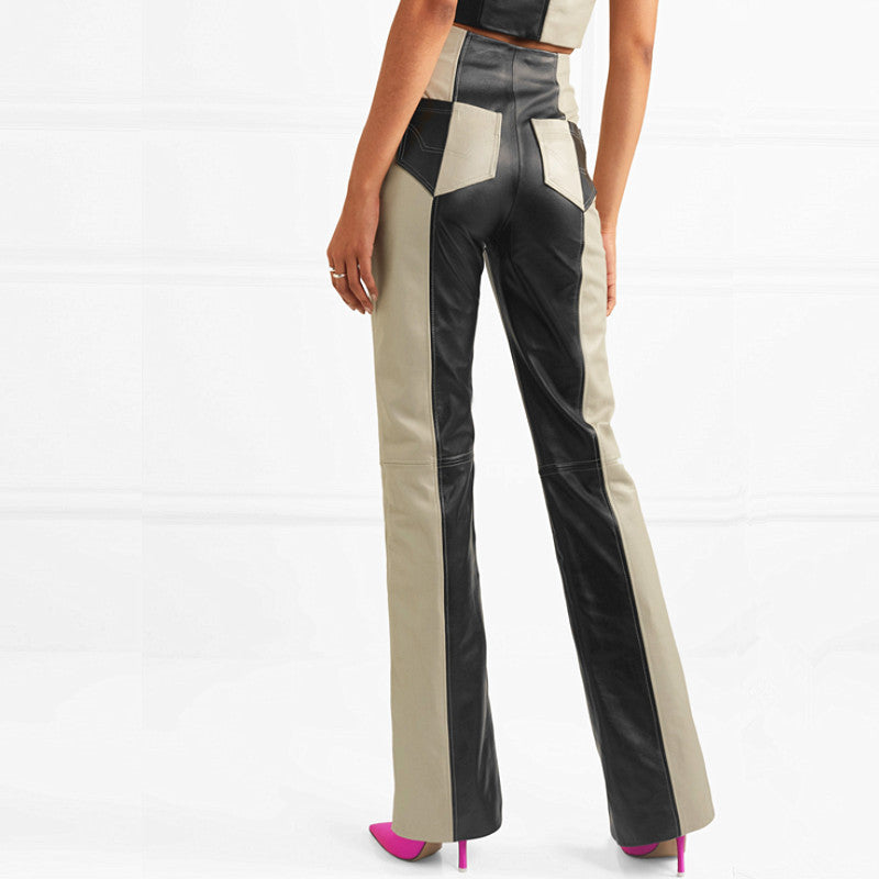 Pantalon Patchwork Deux Tons en Similicuir – Coupe Slim & Allure Éditoriale