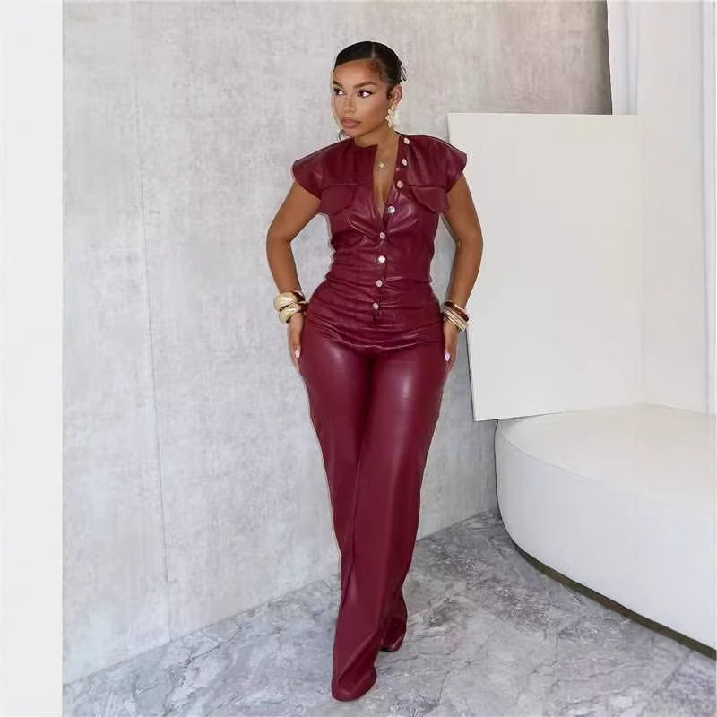 Combinaison Pantalon Sans Manches en Faux Cuir – Bordeaux