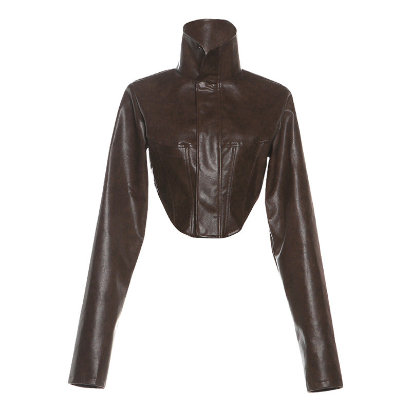 Veste Courte Sans Manches Col Montant PU Cuir — Noir & Marron