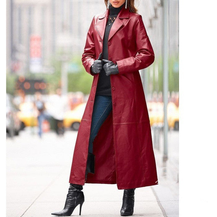 Manteau Long Simili Cuir Femme – Coupe Commuting Grande Taille