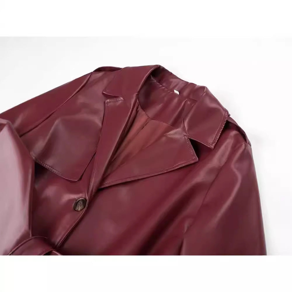 Long Trench PU Cuir Femme — Noir & Rouge Bordeaux