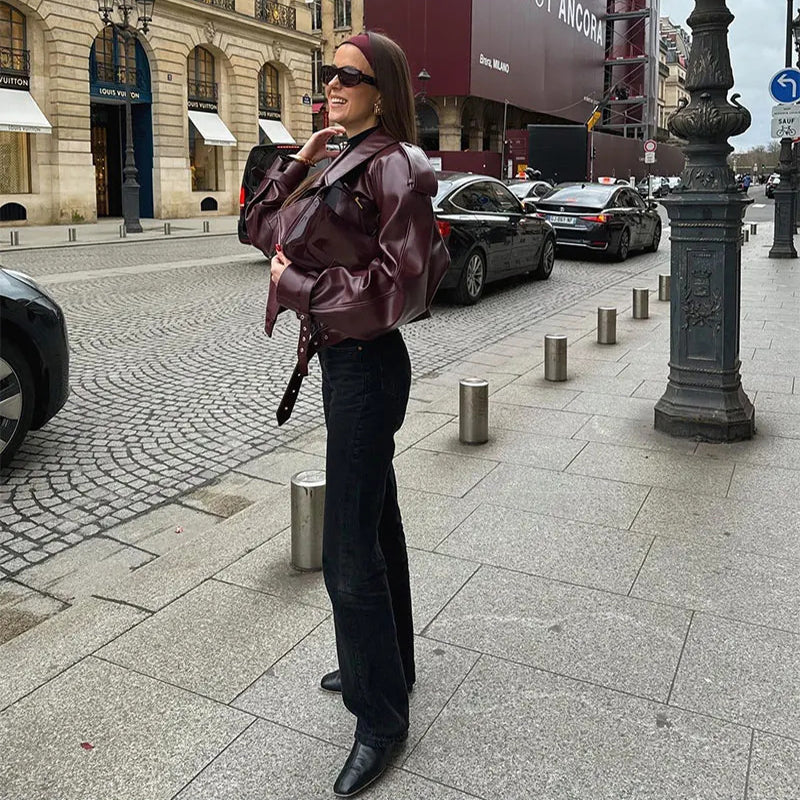 Veste Courte Simili Cuir PU Col Revers – Coupe Slim Manches Longues Streetwear