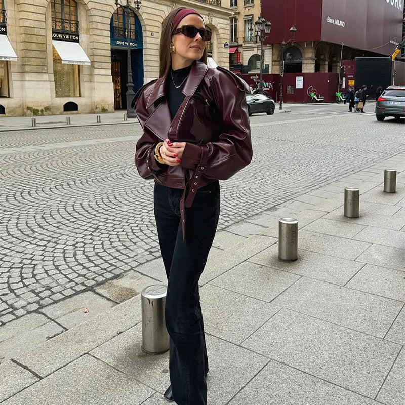 Veste Courte Simili Cuir PU Col Revers – Coupe Slim Manches Longues Streetwear