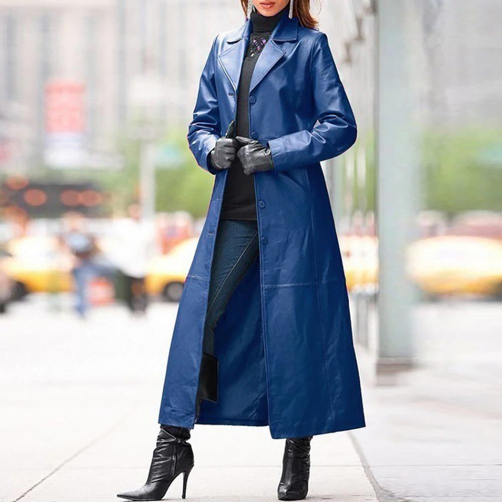 Manteau Long Simili Cuir Femme – Coupe Commuting Grande Taille