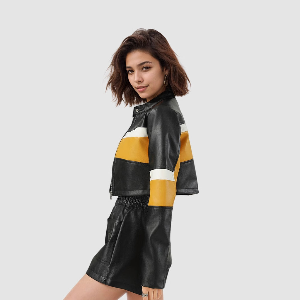 Leather Color Contrast Patchwork European And American Sexy Leather Coat