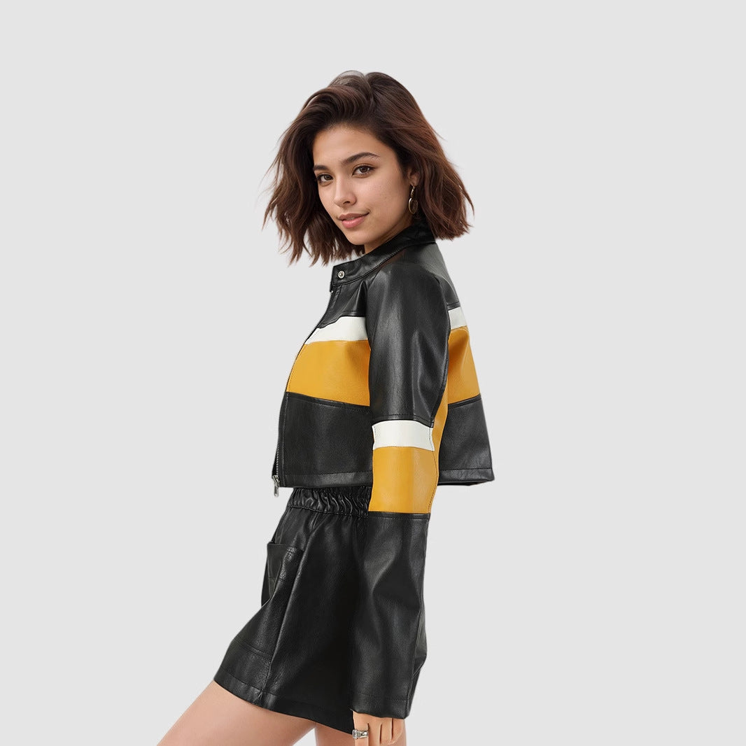 Leather Color Contrast Patchwork European And American Sexy Leather Coat