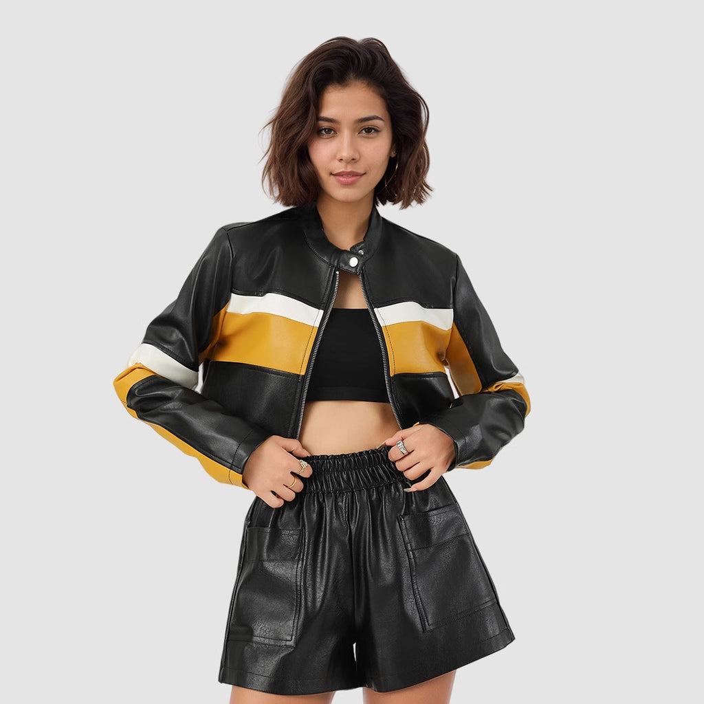 Leather Color Contrast Patchwork European And American Sexy Leather Coat