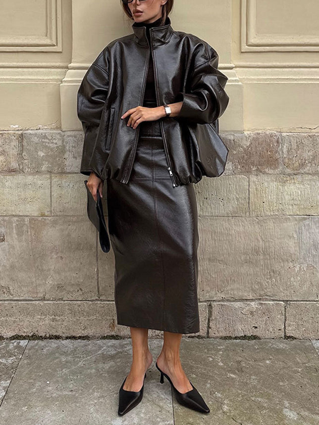 Ensemble Faux Cuir – Veste & Jupe Midi (Vert Kaki, Marron, Rouge)