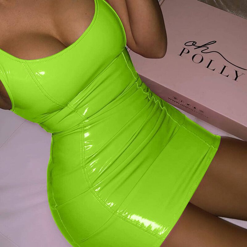 Robe Bretelle Simili Cuir Couleur Unie – Coupe Moulante Sexy Clubwear