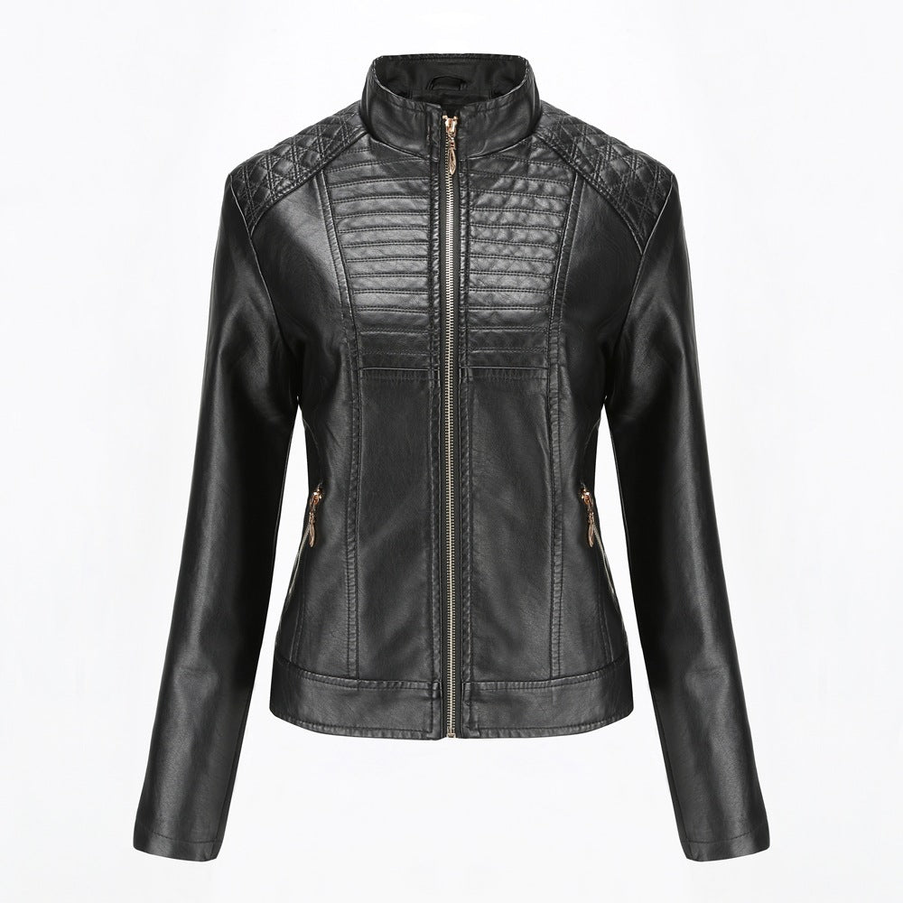 Veste Moto Femme en Similicuir – Col Rond & Détails 3D