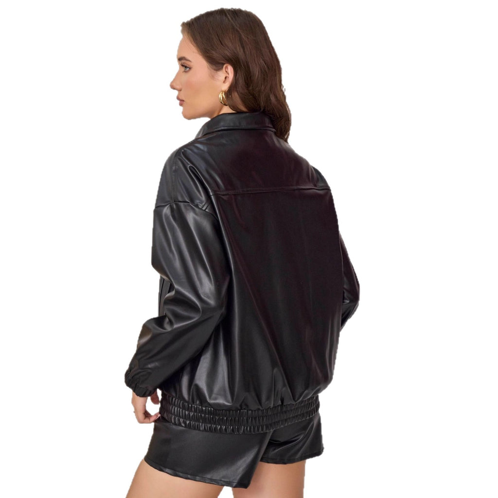 Veste PU Cuir Rétro Américaine — Couleur Unie & Allure Tempérée