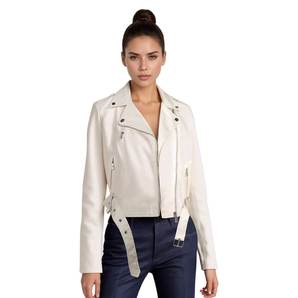 Veste Moto PU Cuir Courte — Ceinture & Col Revers Structuré