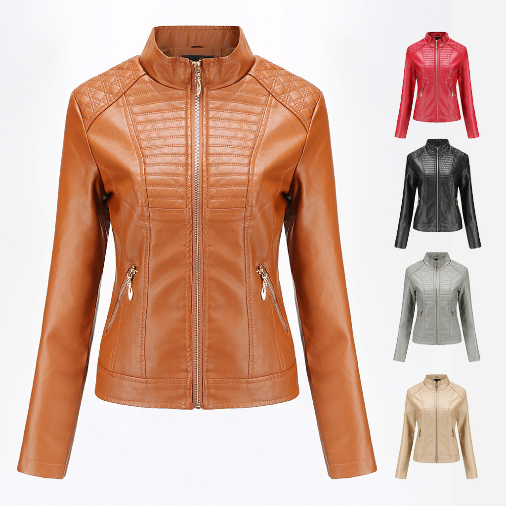 Veste Moto Femme en Similicuir – Col Rond & Détails 3D