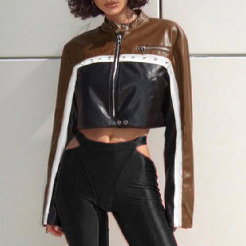 Veste Courte Style Moto Bicolore à Rivets en Simili Cuir