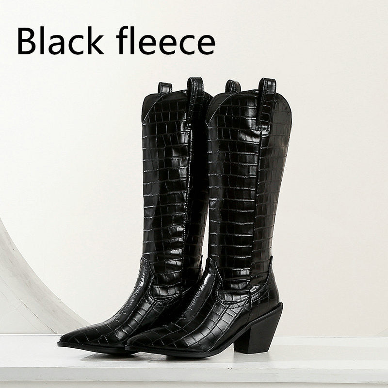 Bottes Cavalières Talon Bloc Hauteur Genou — Bout Pointu Plateforme