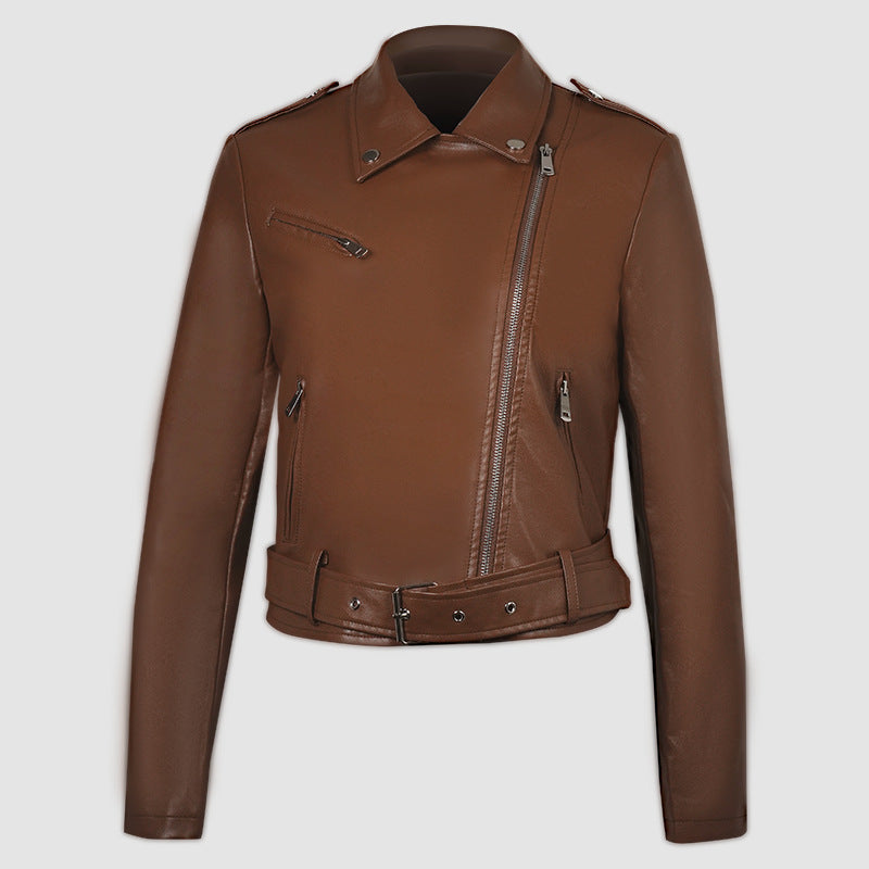 Veste Moto PU Cuir Courte — Ceinture & Col Revers Structuré
