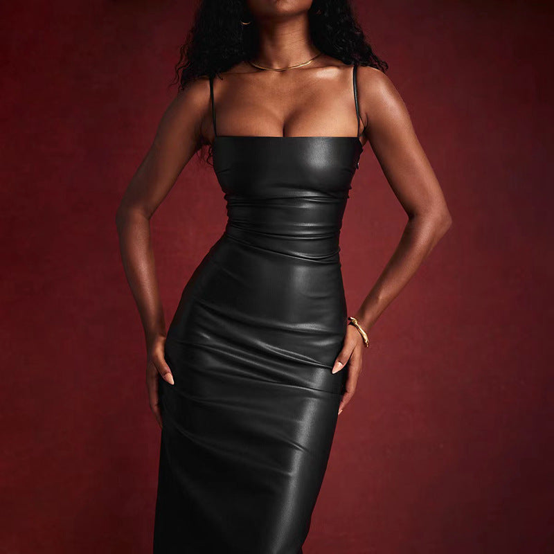 Robe Sling PU Dos Nu — Coupe Moulante Mi-longue