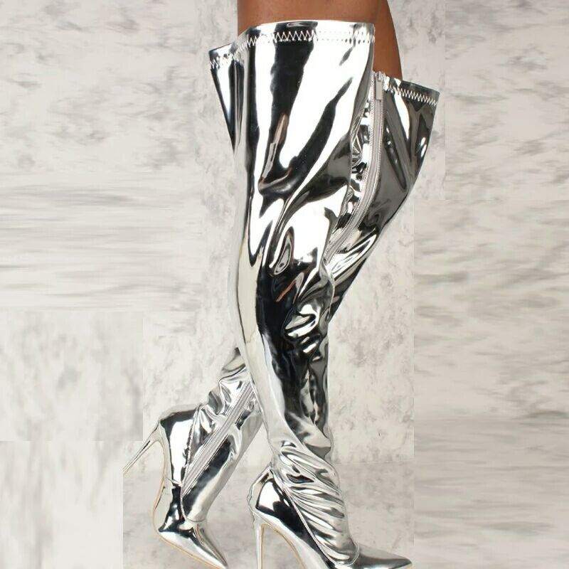 Bottes À Bout Pointu Effet Brillant Talon Haut