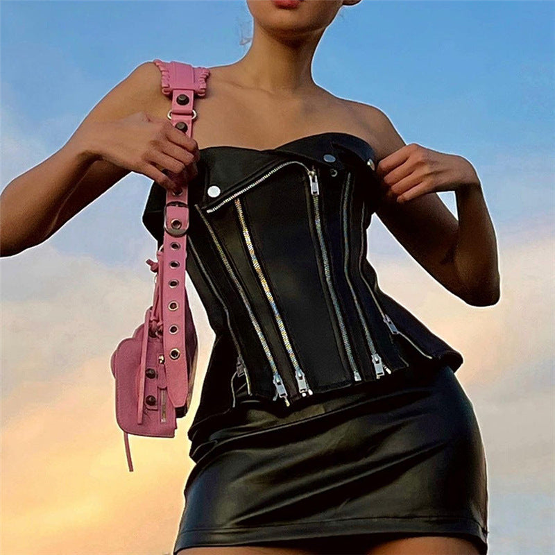 Top Simili Cuir Une Épaule Slim – Décolleté Sexy Sans Manches Femme