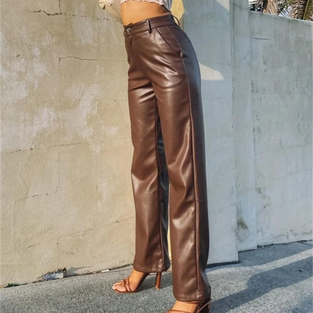 Pantalon Large Taille Haute en Similicuir – Coupe Wide-Leg Casual