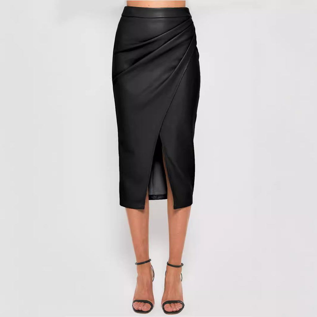 Jupe Simili Cuir Taille Haute Plissée – Fermeture Zip & Coupe Moulante
