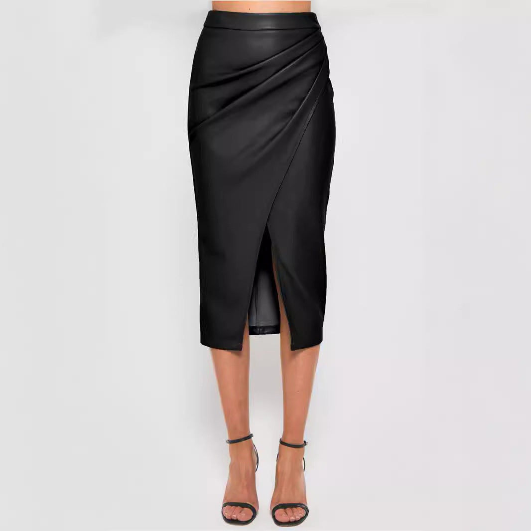 Jupe Simili Cuir Taille Haute Plissée – Fermeture Zip & Coupe Moulante