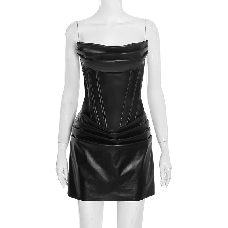 Robe A-Line PU Cuir — Tube Top Plisé Arête de Poisson