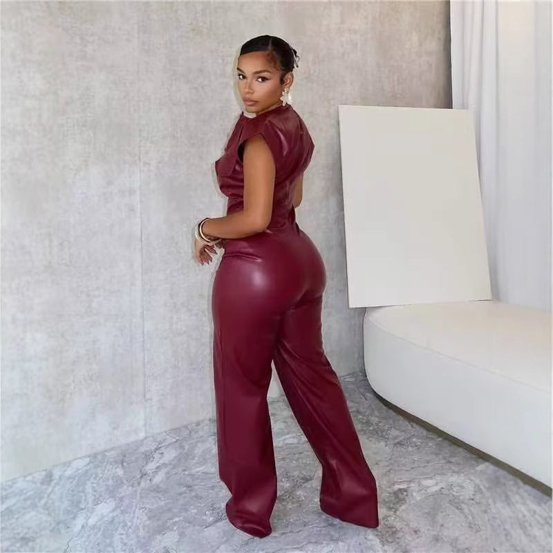 Combinaison Pantalon Sans Manches en Faux Cuir – Bordeaux