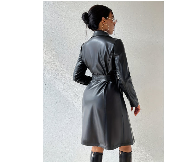 Trench Long PU Cuir Manches Longues — Slim-fit & Silhouette Longline