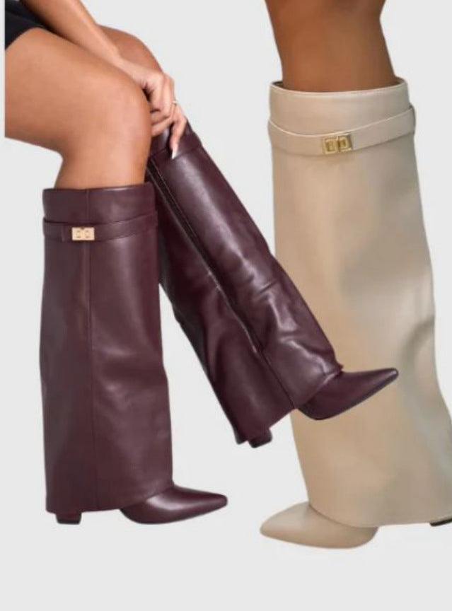 Bottes Mi-Mollet Talon Bloc Bout Pointu – Simili Cuir & Daim Style Cavalière