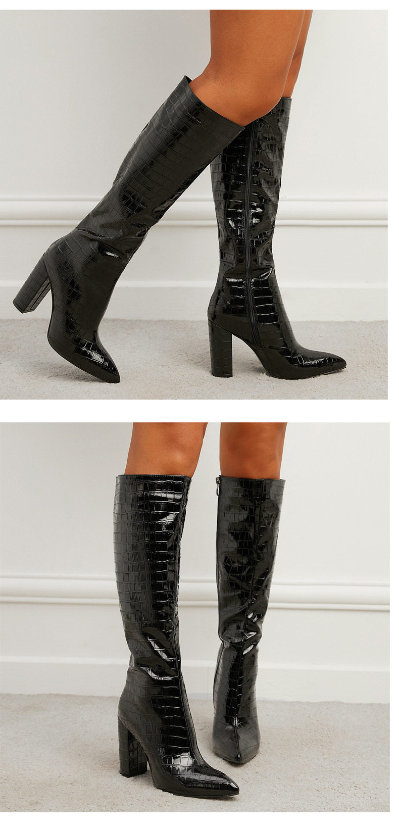 Bottes Cavalières Talon Bloc Imprimé Croco Bout Pointu – Zip Latéral 35-42