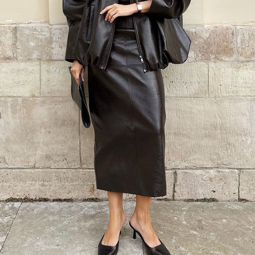 Jupe Midi PU Cuir — Coupe Structurée & Finition Brillante