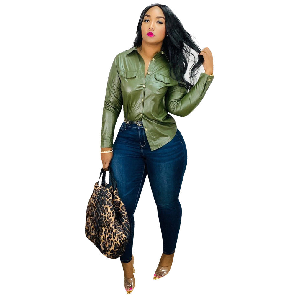 Top Chemise PU Cuir Manches Longues — Coupe Ajustée & Finition Brillante