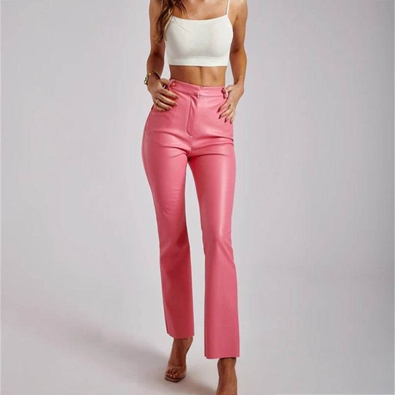 Pantalon Simili Cuir Moulant Taille Haute – Fermeture Zip & Boutons Femme
