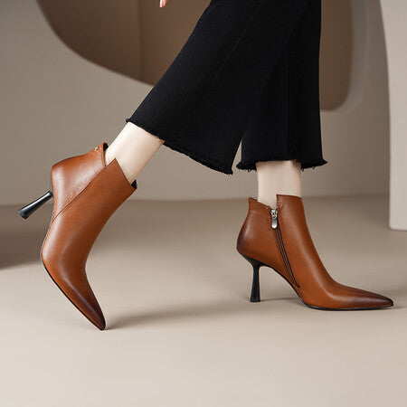 Boots en Cuir Véritable Talon Mi-Haut à Franges — Noir & Marron