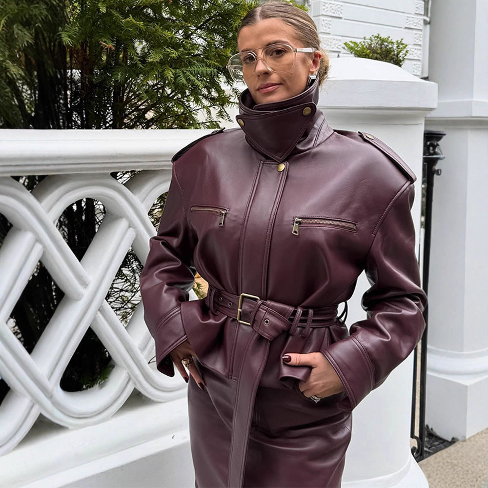 Veste Courte PU Cuir Bordeaux — Lacets & Slim Fit