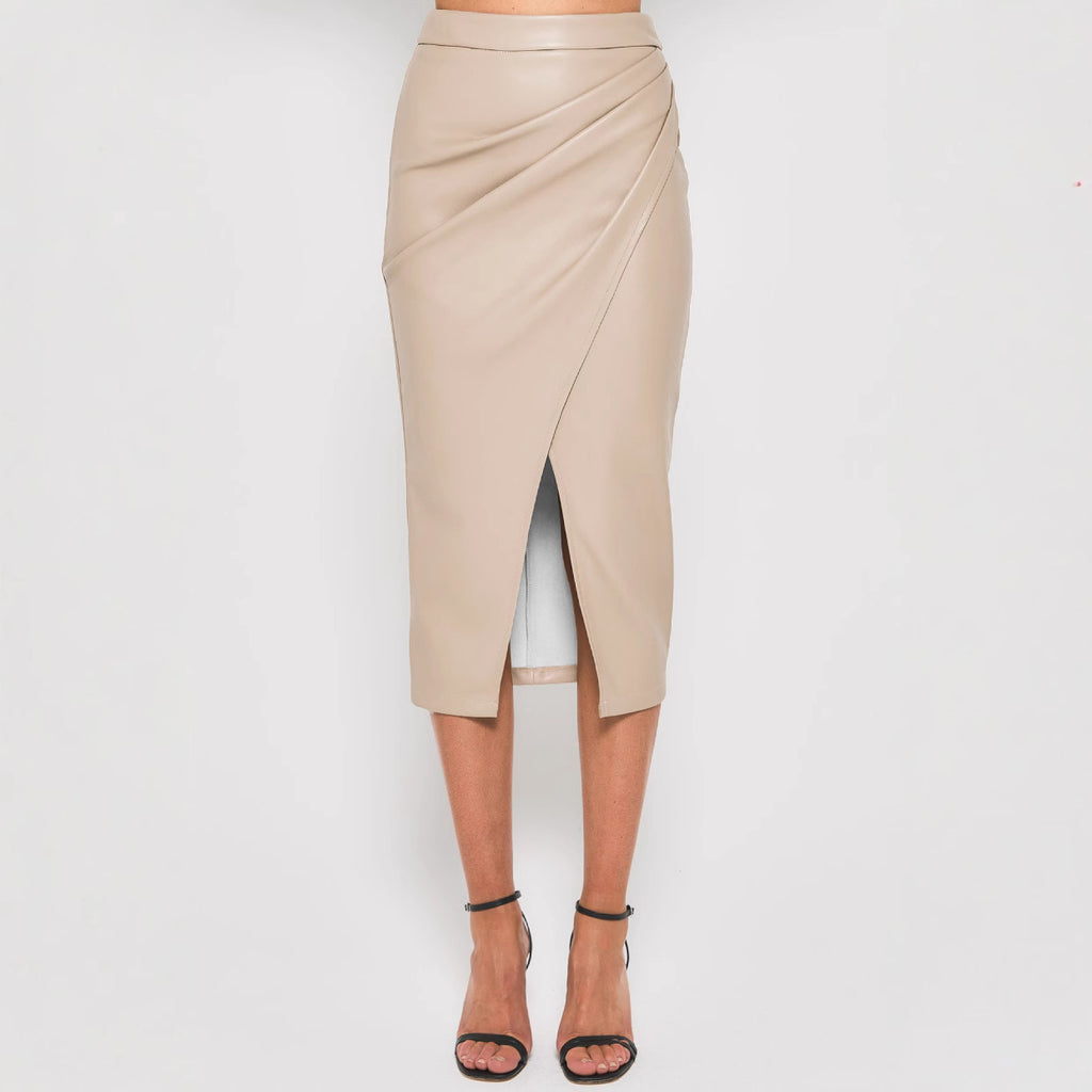 Jupe Simili Cuir Taille Haute Plissée – Fermeture Zip & Coupe Moulante