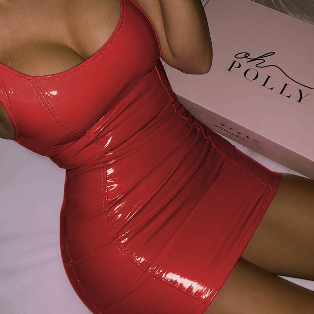 Robe Sans Manches en Similicuir – Col Rond, Zip & Coupe Moulante Élastique