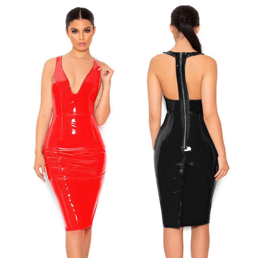 Robe Miroir PU Sans Manches Col V — Moulante Grande Taille