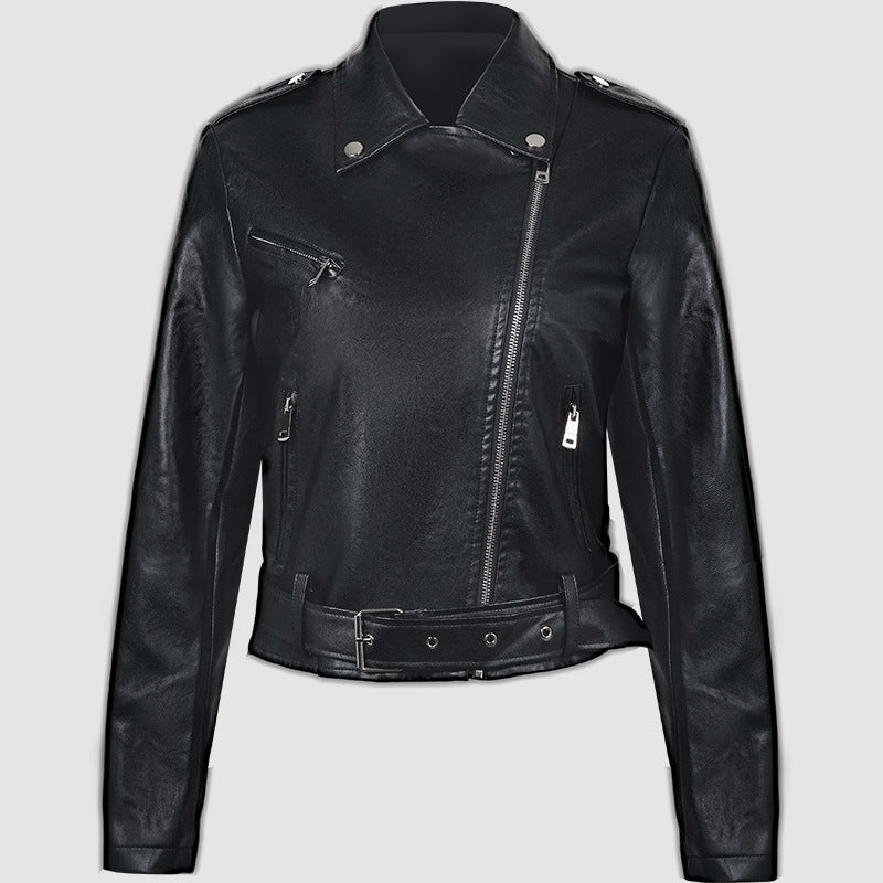 Veste Moto PU Cuir Courte — Ceinture & Col Revers Structuré