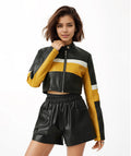 Leather Color Contrast Patchwork European And American Sexy Leather Coat