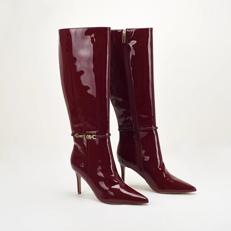 Cuissardes Cuir Verni — Boucle Ceinture & Talon Stiletto Imperméable