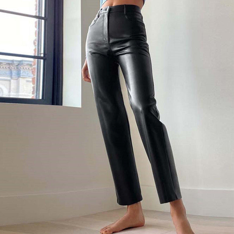 Pantalon PU Cuir Taille Haute Coupe Droite — Noir
